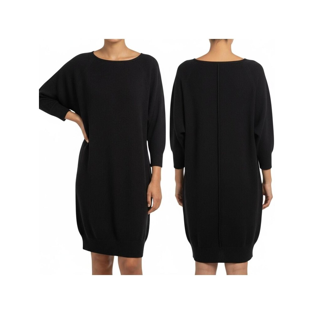 Black Ribbed Knit Batwing Dolman Sleeve Midi Sweater Dress